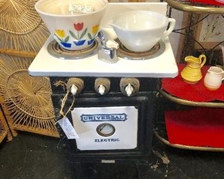 c.1920's, LANDERS, FRARY, CLARK, Small Electric Stove (cord was removed by previous owner, they used it primarily as a display piece) and a set of 4 Vintage Nesting Bowls