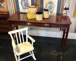 Mahogany Sofa Table, Child's Rocker, and Pottery