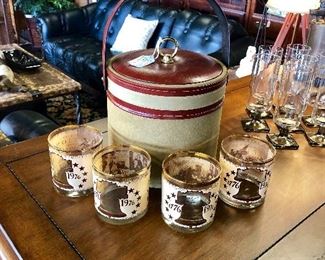 Set of 4 1776-1976 High Ball Glasses and Suede Ice Bucket 