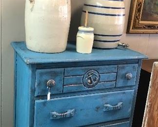 Blue 4-Drawer Antique Chest and Vintage Crocks