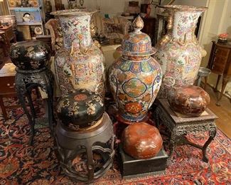 Large Asian Vases, Lacquered Asian boxes, Asian plant stands and stools.