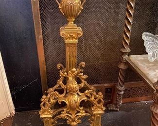 Pair 19th Century renaissance revival andirons. Knight motif. 