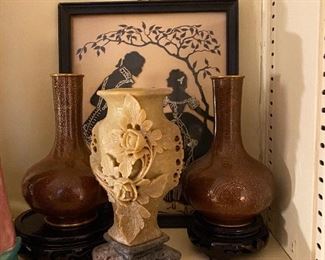 Soap Stone carving and pair of Cloisonné vases. 