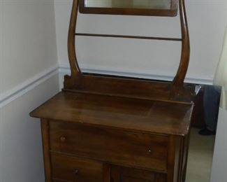Antique wood dressing stand w/mirror, towel rack, & 3 drawers on metal castors. All original and no chips or cracks in mirror