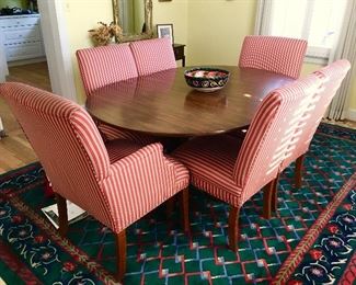 Beautiful walnut dining table, 6 Lazy Boy chairs, Quality Capel area rug 8'x11'