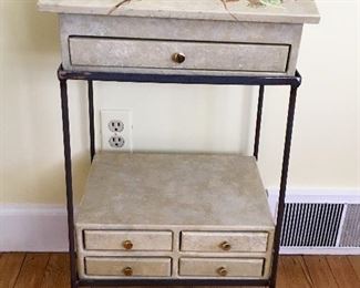 Wrought iron stand w/ two hand painted insets w/ drawers/storage
