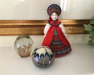 Signed art glass paperweights, collectible doll