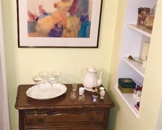 3 drawer chest/cabinet, painted & signed watercolor titled "Abandoned", misc. glass & porcelain