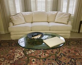 Sherrill Sofa, glass top w/ iron base coffee table (from Merkel's Furniture)