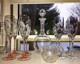 Many sets of stems, decanters, collectible glassware