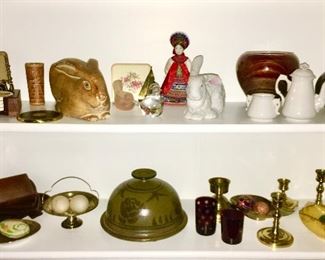 Misc. collectibles, wooden, brass, porcelain, etc.