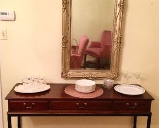 Sofa table w/ 3 drawers, Misc. glass & porcelain, large vintage wall mirror