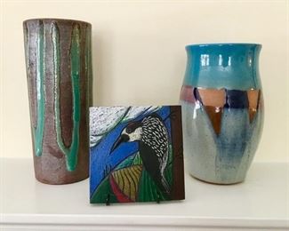 Signed pottery vases and Pewabic bird tile
