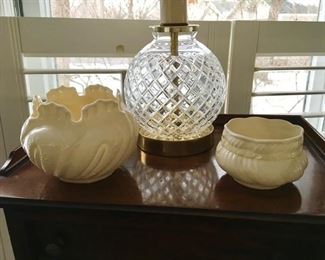 2 Belleek collectibles, glass dresser lamp