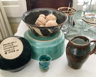 Various pottery items including Bennington bowls
