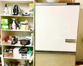 Vintage fridge/freezer, teckline shelf, misc. household items