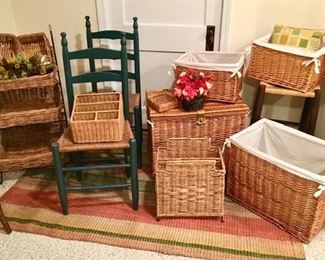 Misc. wicker/woven baskets, shelf, chairs, 2 painted green chairs w/ woven seats