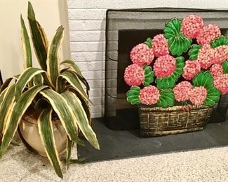 silk plant in pottery planter, metal floral decor