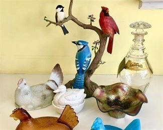 Birds on branch figurine, cobalt carnival glass bowl, chicken tops (no bottoms on 3 shown), vintage bottle w/ etched eagle