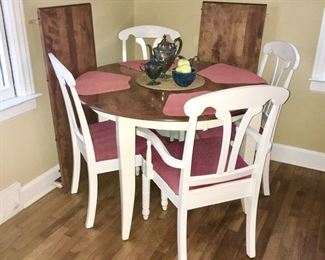 Kitchen table w/ 2 leaves and 4 chairs (painted white w/ stained wood top)