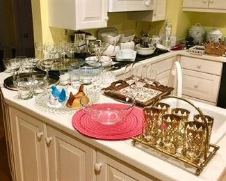 Vintage glasses in brass holder, many sets wine stems, misc. kitchen items