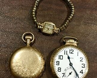 14k gold case wrist watch, 2 Elgin pocket watches (women’s is 14k gold filled & 14k gold and men’s is 12k gold filled)