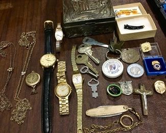 Antique watch fobs, pocket knife, misc watches, service pins, tokens, etc