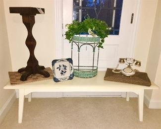 Antique plant stand, metal& wicker wall decor, vintage telephone, painted bench