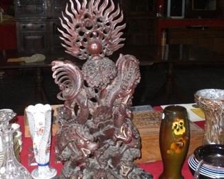 27" carved rosewood statue of dragons and the pearl of wisdom and original lacquered base