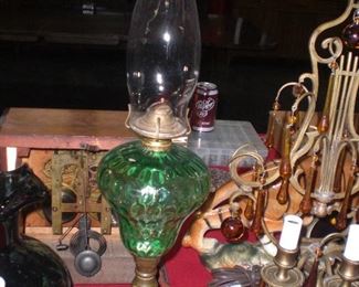 green art glass oil lamp with marble base