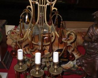 French bronze candlebra lamp with amber art glass prisms