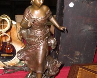 15" French bronze statue of red riding hood and the wolf by August Moreau