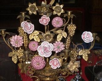 25" 7 light gilded brass basket form candlebra with art glass flowers