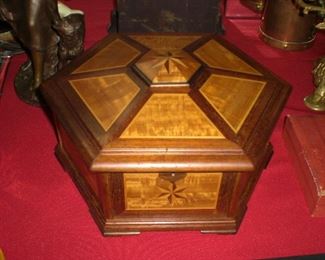 octagonal parquetry sewing box with fitted interior