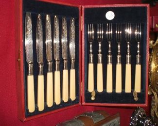 12pc. engraved fish set with french ivory handles and fitted case c.1900