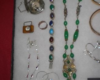 art deco pocket watch, bakelite watch fob, sterling and other jewelry