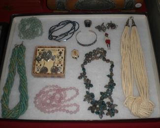jade, rose quartz, and other beads, sterling , etc.