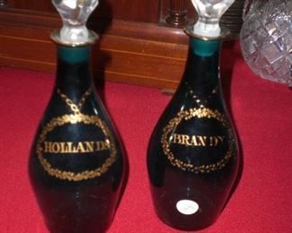 French art glass decanters with gilded engraved labeling