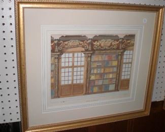 French Architectural hand colored engravings of library interiors