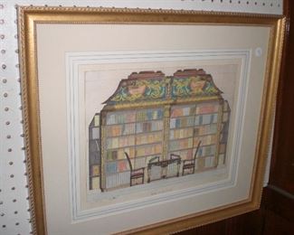 French Architectural hand colored engravings of library interiors