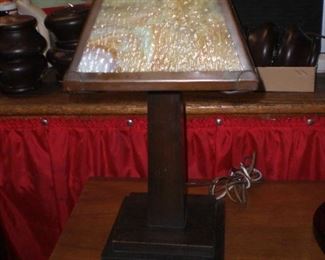 Mission Oak table lamp with art glass shade