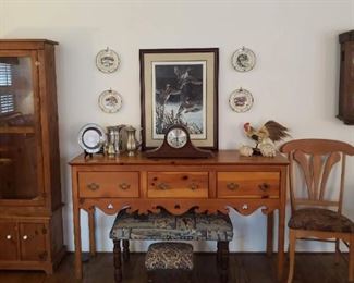 Pine sideboard, gun case, chair and upholstered benches
