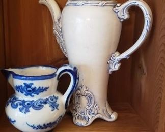 Pitcher and coffee pot in blue and white palette
