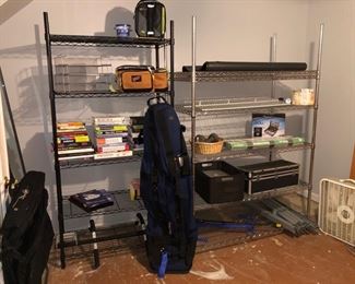 Metal storage shelving and travel golf bag