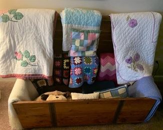 Beautiful Handmade Applique  Quilts, Granny Square Afghans, Blankets  & Vintage Mountain Maid Cedar Chest!