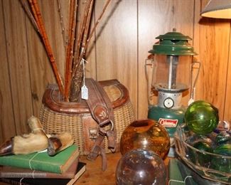 Antique Fly Rod & Creel Basket, Antique Floats & Deer Foot Hooks