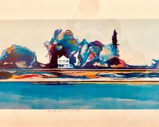 GREGORY KONDOS "ON THE SACRAMENTO RIVER"  ORIGINAL LIMITED EDITION LITOGRAPH 20/30, EDITION SOLD OUT, HIS BEST WORK, VERY RARE, BASED ON A MURAL HE PAINTED FOR SAC STATE UNIVERSITY LIBRARY, PROVENANCE NATSOULAS GALLERY FOR $4,800.00