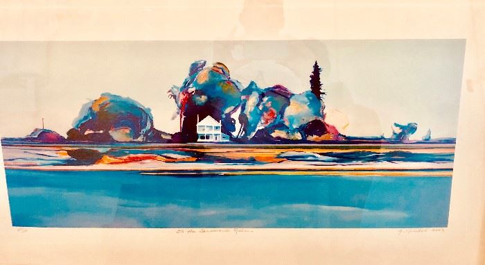 GREGORY KONDOS "ON THE SACRAMENTO RIVER"  ORIGINAL LIMITED EDITION LITOGRAPH 20/30, EDITION SOLD OUT, HIS BEST WORK, VERY RARE, BASED ON A MURAL HE PAINTED FOR SAC STATE UNIVERSITY LIBRARY, PROVENANCE NATSOULAS GALLERY FOR $4,800.00