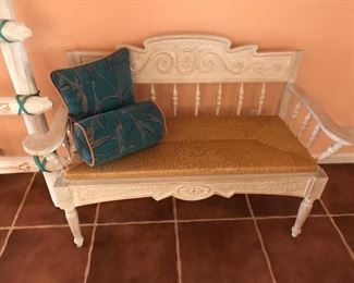 Charming  southwest entry bench with rush seat. Measures about 51" X 18"(deep)