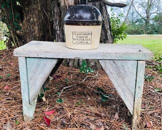 Hand made primitive bench and rose distiller jug
